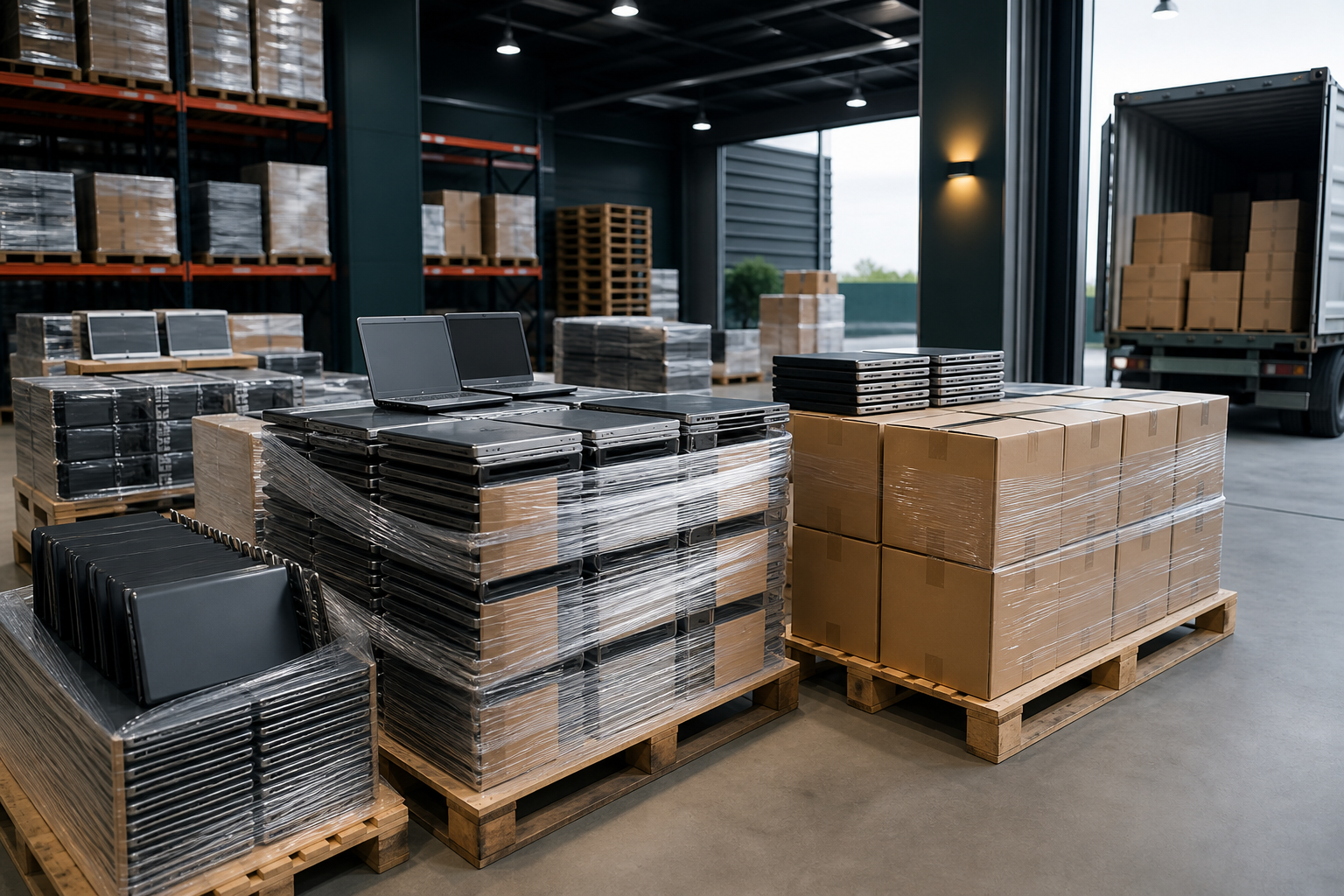 Bulk laptop lots packed on pallets for export shipment